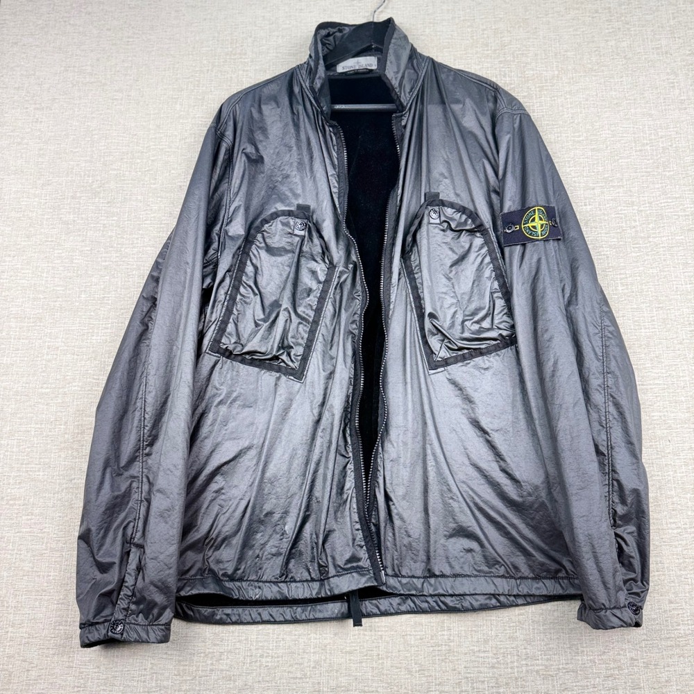 Stone Island Mens Lg.Metallic Grey Nylon Fleece Lined Zip Up Jacket Compass